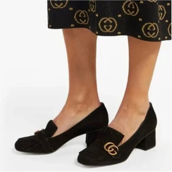 Gucci Marmont Black Fringed Suede Loafers 37.5 - Picture 2 of 12